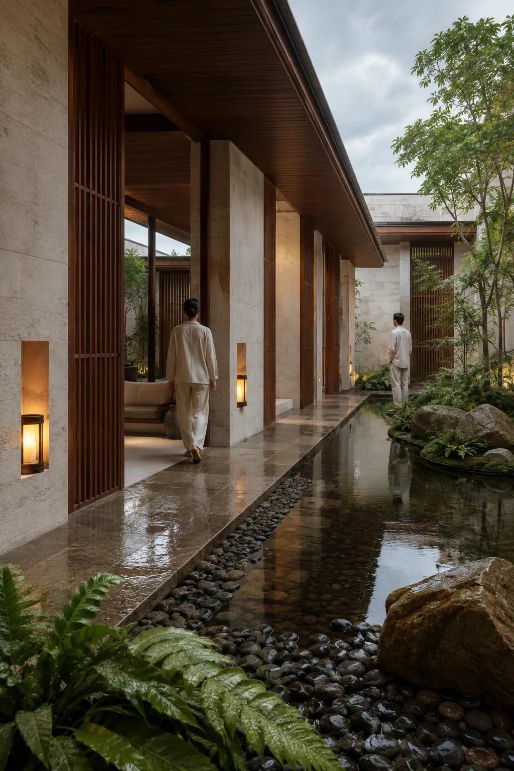 Rain-washed contemporary tropical courtyard pavilion with pale limestone walls, warm timber screens, reflecting water, ferns, and two anonymous visitors.