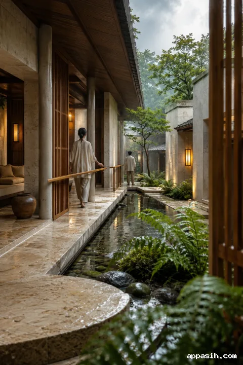 Elevated three-quarter view of a rain-washed tropical courtyard pavilion with limestone architecture, timber screens, glowing niches, reflecting water, layered greenery, and two anonymous visitors.