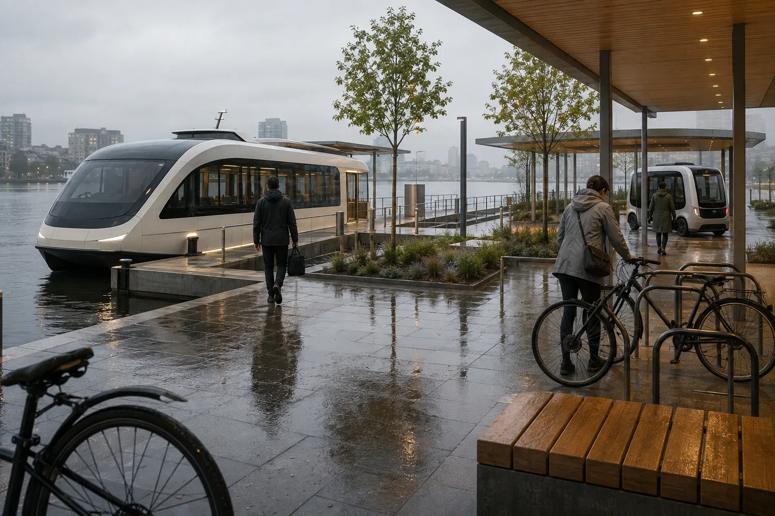 Rain-washed sustainable waterfront mobility hub with a compact electric passenger ferry, autonomous shuttle, commuter bicycles, and anonymous travelers beneath an overcast morning sky.