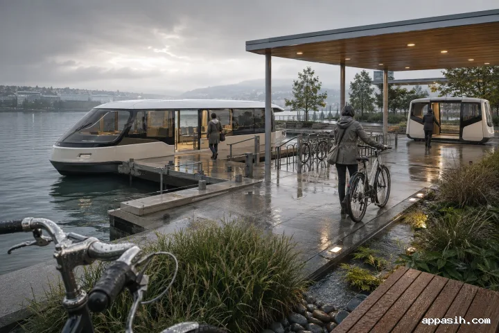 Elevated three-quarter view of a rain-washed waterfront mobility hub with an electric ferry, autonomous shuttle, bicycles, rain gardens, and anonymous commuters moving between transport modes.