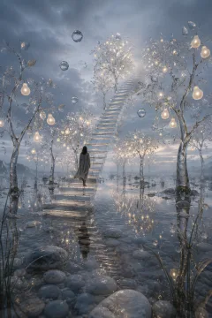 Portrait surreal scene of a floating pale staircase rising through a translucent moonlit orchard above shallow reflective water, with suspended droplets and a lone anonymous traveler.