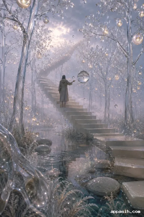 Detailed portrait dreamscape of an unsupported staircase winding through translucent glowing orchard trees above a reflective basin, with hovering droplets and an anonymous traveler reaching toward one sphere.