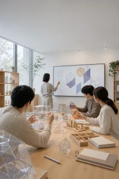Portrait view of a modern geometry learning studio where anonymous adult learners explore translucent modular shapes and spatial models around a collaborative table.