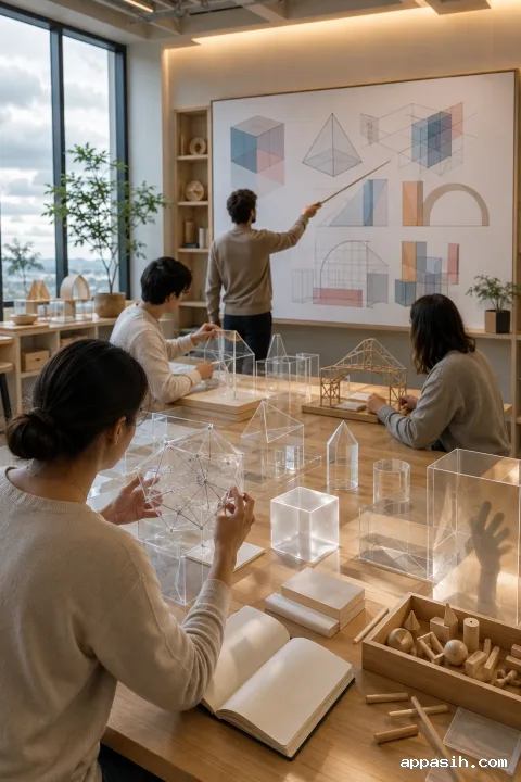 Elevated portrait view of the Dewlight Spatial Geometry Studio with anonymous adult learners manipulating translucent geometric structures as an instructor demonstrates abstract spatial concepts.