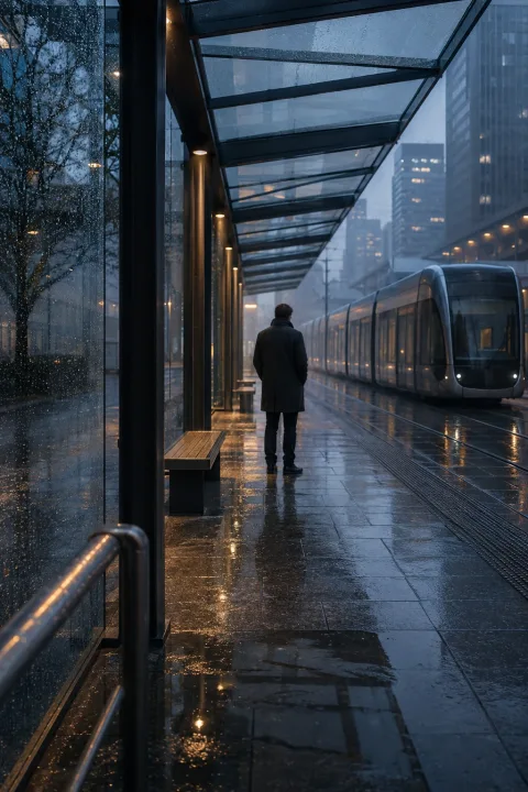 Anonymous traveler waiting beneath a rain-speckled glass tram canopy on a wet evening platform with mist, reflections, and restrained amber lighting.