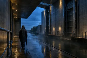 Anonymous traveler in a charcoal raincoat walking through a monumental wet concrete floodgate corridor at blue hour with mist and reflected amber lights.