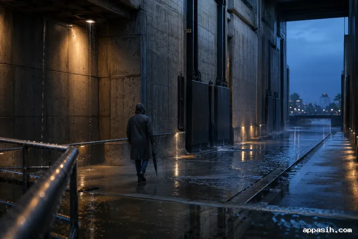 Wide cinematic view of an anonymous traveler stepping through a rain-soaked monumental floodgate corridor with layered puddles, amber reflections, blue-hour canal light, and low drifting mist.
