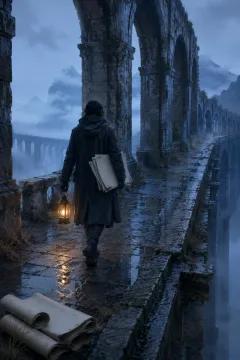 Anonymous cartographer in a charcoal traveling coat carrying blank map sheets and a glowing lantern through a misty rain-darkened stone passage at blue hour.