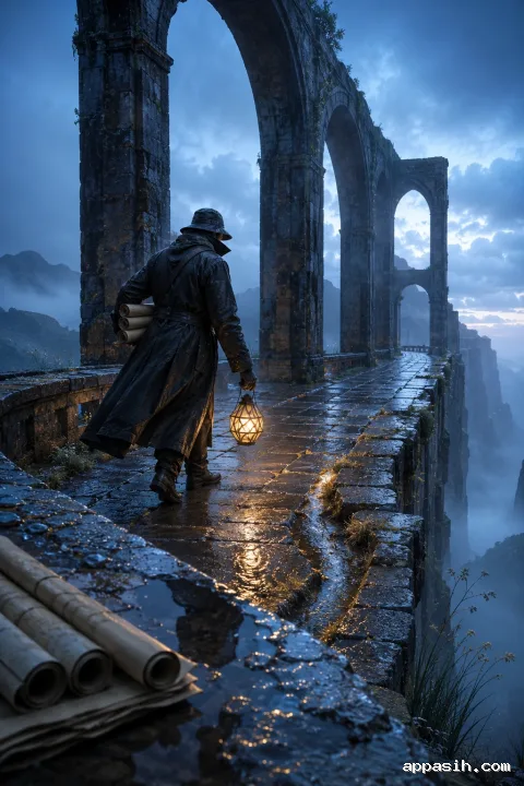 Anonymous charcoal-coated cartographer stepping through a rain-soaked elevated stone passage while lowering a warm geometric lantern beside blank map sheets and drifting blue-hour mist.