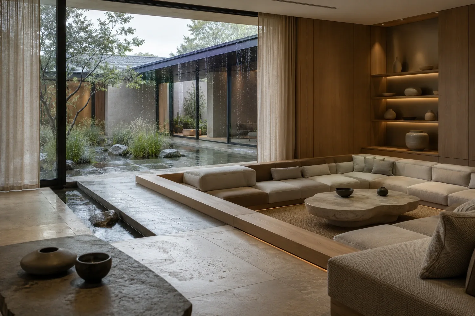 Serene contemporary sunken lounge beside a narrow rain courtyard with pale timber, limestone, cream seating, reflective water, and soft overcast daylight.