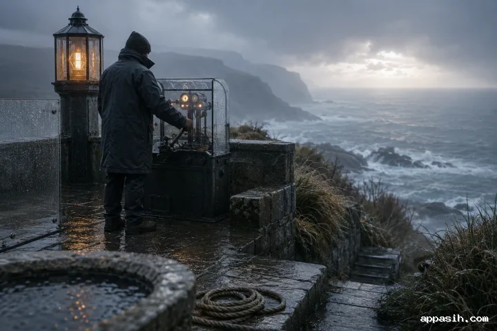 Anonymous coastal signal keeper adjusting an unmarked mechanical lever beside a softly glowing amber beacon on a wet stone terrace, with foggy sea cliffs and rain reflections beyond.