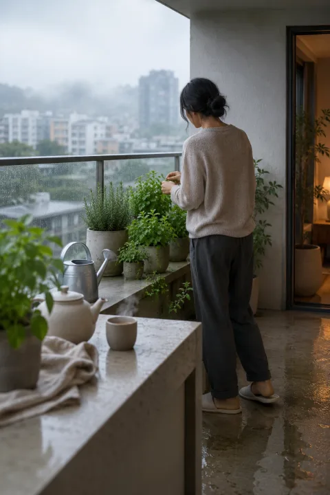 Anonymous adult tending rain-covered balcony herbs beside a steaming ceramic cup during a calm overcast morning.