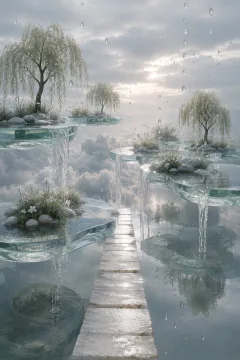 Surreal floating translucent garden terraces with waterfalls, suspended rain droplets, pale vegetation, and stone paths hovering above a reflective mist-filled basin.