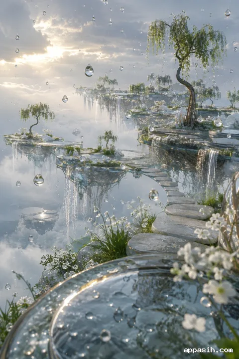 Ultra-detailed surreal floating glass garden viewed from an elevated terrace, with layered transparent platforms, suspended reflective rain droplets, narrow waterfalls, pale stone paths, delicate vegetation, and luminous mist.