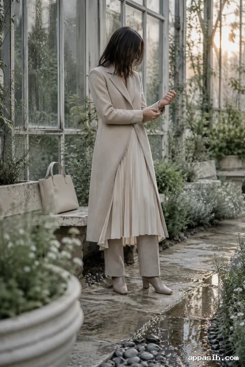 Anonymous model in detailed oatmeal tailoring and cream pleats fastening a cuff in a rain-fresh botanical conservatory, with a plain cream handbag on a stone bench.
