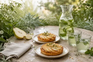 Two golden pear tartlets with mint cucumber infusion, fresh pear, herbs, and cream ceramics arranged on a rain-fresh pale stone garden table.