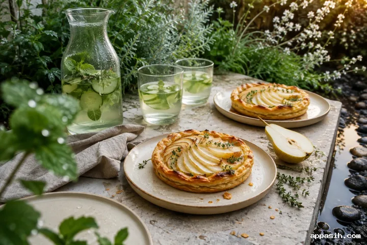 Elevated three-quarter view of golden pear tartlets, chilled mint cucumber infusion, sliced pear, herbs, and rain droplets on a pale stone garden breakfast table.