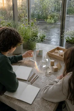 Two anonymous students explore glass prisms and geometric learning objects at a stone table inside a rain-fresh botanical conservatory classroom.