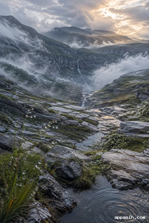 Detailed vertical view across Raincrown Cloudstep Valley with rain-beaded grasses, wet stone terraces, reflective pools, drifting ravine mist, a distant waterfall, and layered mountains under cool clouds with a subtle amber opening.