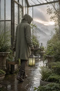 Anonymous hooded botanical keeper carrying a softly glowing moss lantern through a rain-washed highland conservatory filled with ferns, herbs, wet stone, and mist.