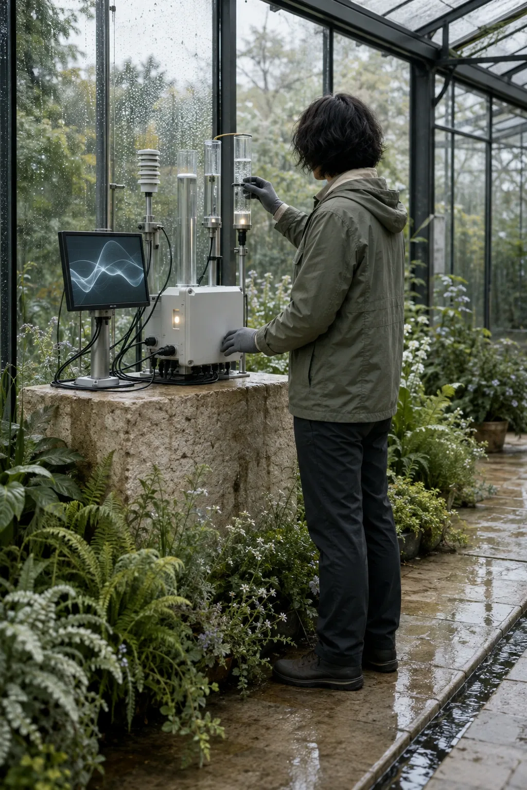 Anonymous technician adjusting a compact environmental edge-computing sensor station inside a rain-fresh botanical conservatory.