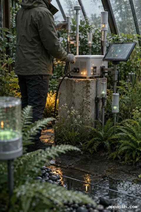 Anonymous technician checking detailed environmental sensors and an edge-computing station among rain-covered plants inside a botanical conservatory.