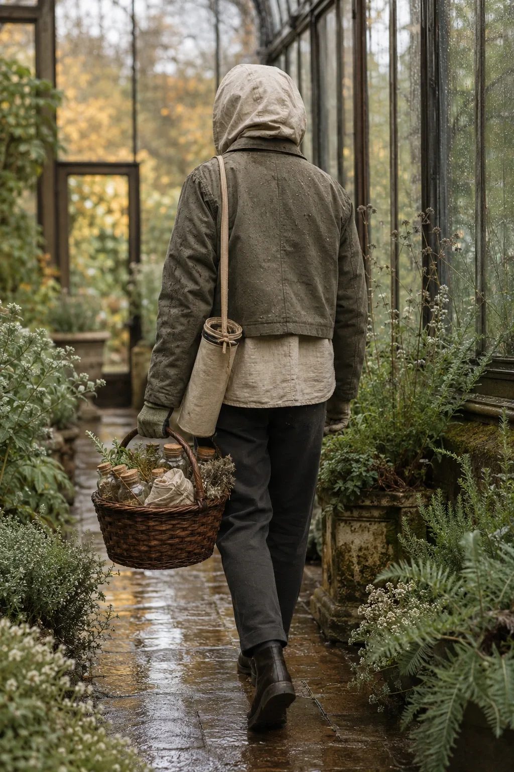 Anonymous hooded botanical archive courier carrying a woven basket of clear seed vessels along a rain-damp conservatory passage.