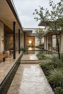 Portrait view of a contemporary terraced stone courtyard pavilion with planted walkways, shallow rainwater channels, and a reflective water court after gentle morning rain.