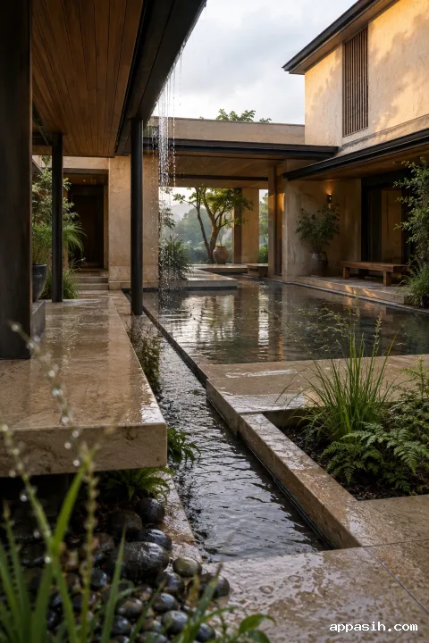 Elevated three-quarter portrait view of a terraced pale-stone courtyard pavilion where fresh rainwater flows through integrated channels toward a reflective central basin among silver-green planting.