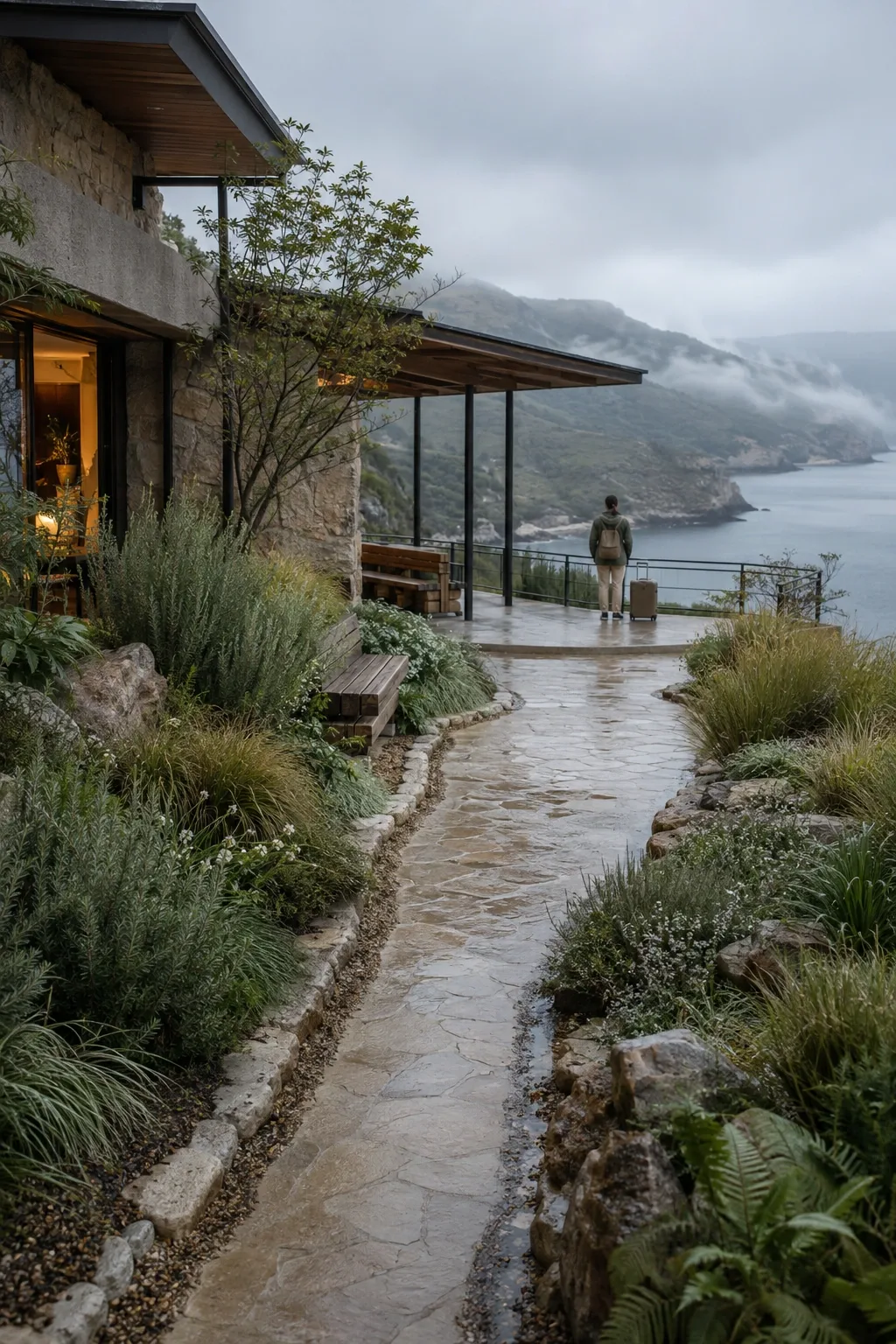 Anonymous traveler with plain luggage pausing on a rain-washed limestone terrace overlooking a misty coastal inlet and layered cliffs.