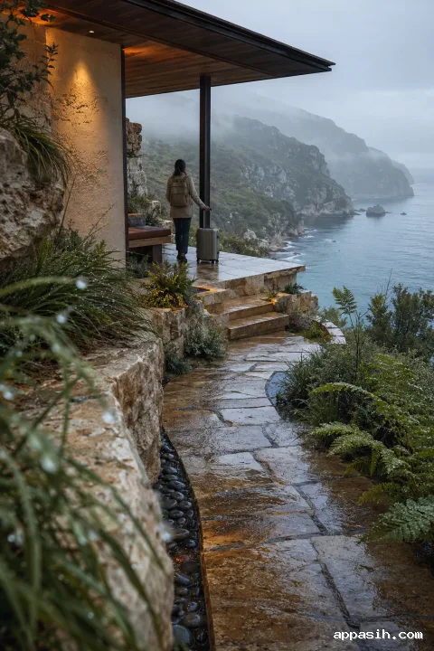 Elevated three-quarter view of an anonymous traveler with plain luggage on a rain-washed cliffside waystation terrace overlooking a misty coastal inlet.