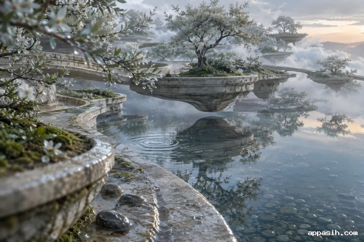 Elevated dreamlike view across rain-wet floating orchard terraces, flowering silver-green trees, drifting pearl clouds, and rippling reflections in a vast mirror basin.