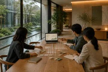 Three anonymous business professionals collaborate around a warm-oak forecasting table with translucent bars and ceramic planning tokens inside a rain-lit contemporary financial strategy atrium.