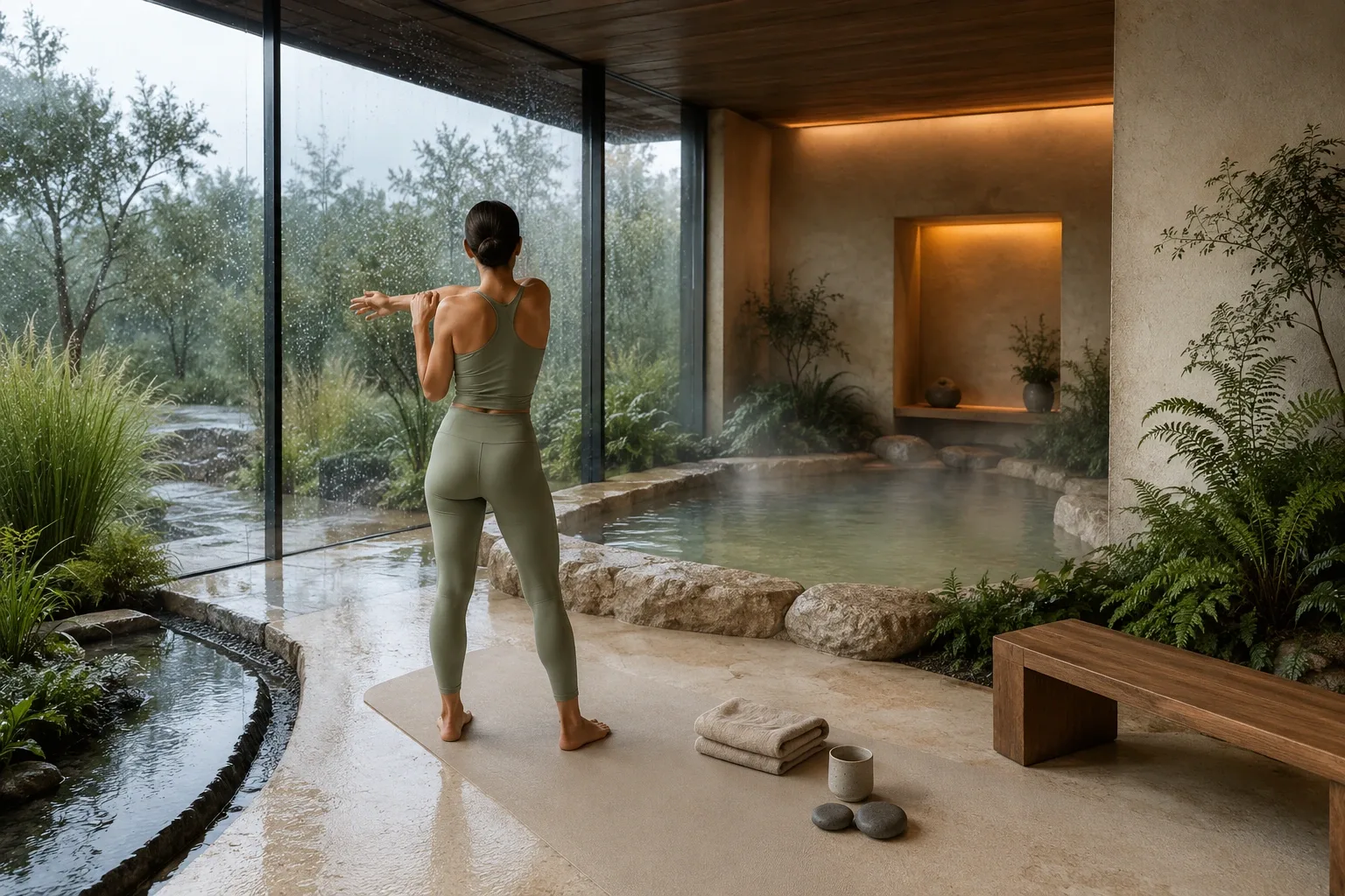 Anonymous wellness guest performing a gentle mobility stretch beside a warm mineral recovery pool in a rain-cooled contemporary atrium filled with natural stone, timber, ferns, and soft morning light.