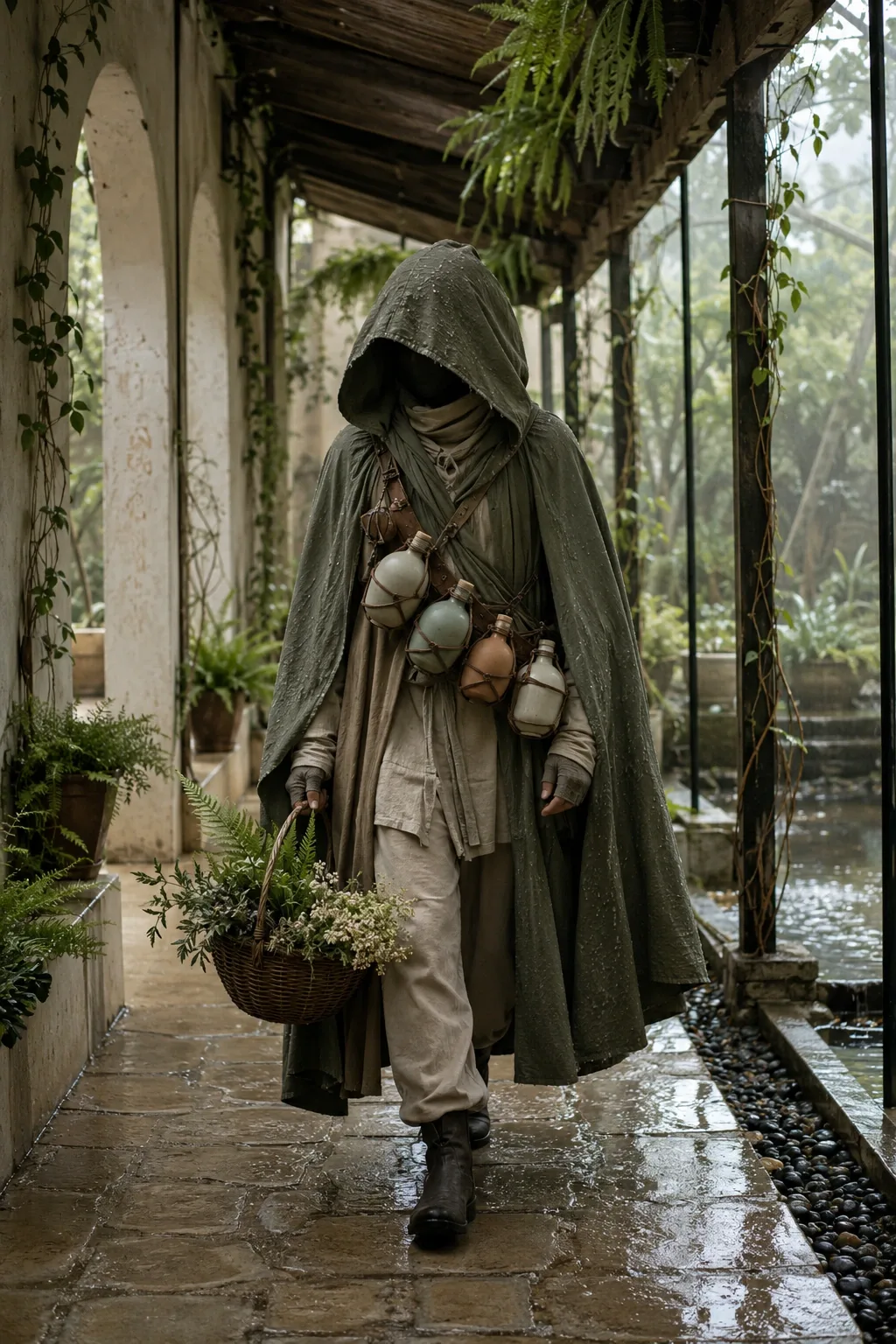 Anonymous botanical courier in a muted sage rain cloak carrying ceramic seed capsules through a wet conservatory passage.