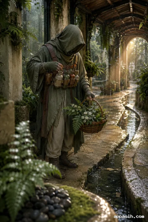 Anonymous rain-cloaked botanical courier adjusting a ceramic seed capsule beside a reflective water channel in a lush conservatory passage.