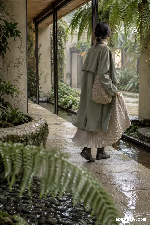 Anonymous model in a layered sage and oatmeal pleated fashion ensemble pausing beside a rainwater channel in a detailed limestone conservatory passage after rainfall.