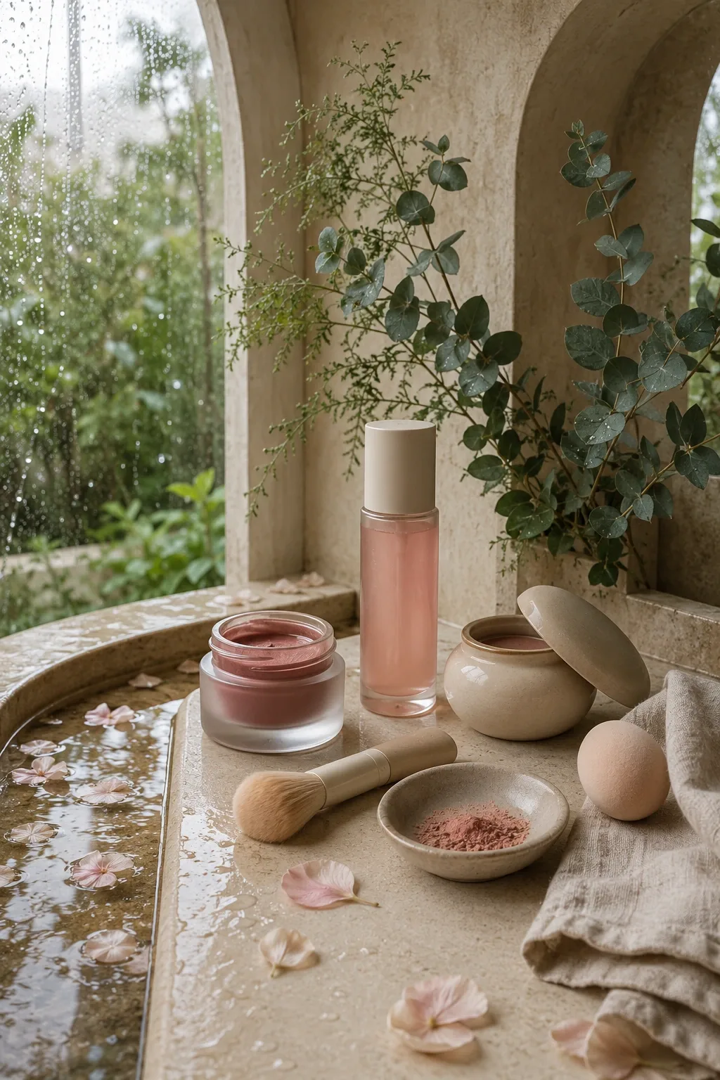 Unbranded mineral tint cosmetics, serum bottle, ceramic compact, makeup brush, and botanical accents arranged on a pale limestone vanity beside rain-beaded conservatory glazing.