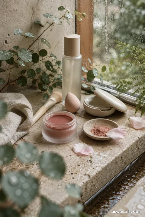 Close three-quarter view of unbranded rose mineral tint, translucent serum, ceramic compact, makeup tools, and rain-beaded botanicals on a limestone conservatory vanity.