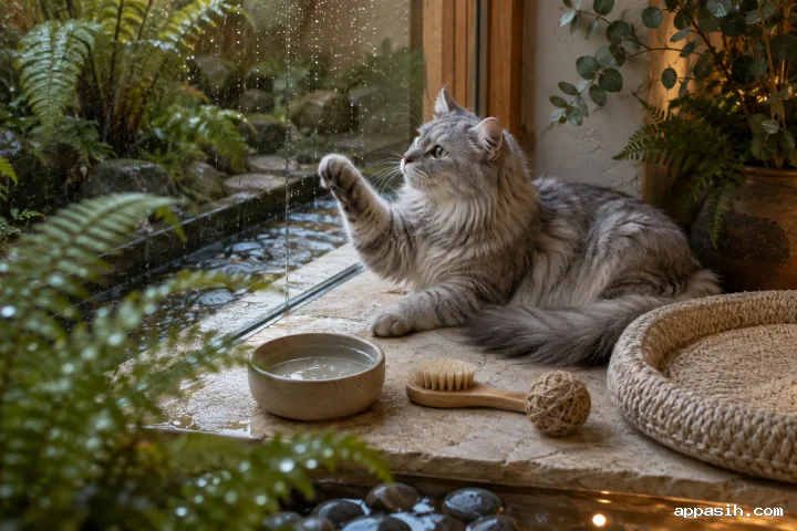 Long-haired silver-gray cat gently raising a paw toward a raindrop on conservatory glazing beside natural pet accessories, wet ferns, limestone, and a rain-fresh garden.