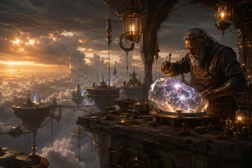 Fantasy concept art of a cloudsmith forging a glowing weather crystal inside a floating workshop above a stormy landscape.