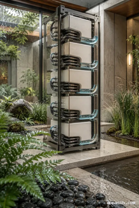 Detailed portrait view of a ceramic computing cascade with mineral-blue coolant channels and passive thermal fins in a rain-beaded conservatory atrium.