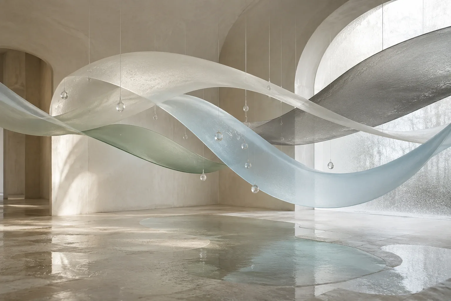Abstract translucent mineral-glass ribbons in ivory, sage, graphite, and pale blue floating above reflective limestone inside a softly lit rain-cooled chamber.