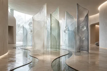 Serene abstract chamber with translucent tide-shaped mineral-glass membranes, suspended spheres, shallow reflective water channels, and soft overcast daylight.