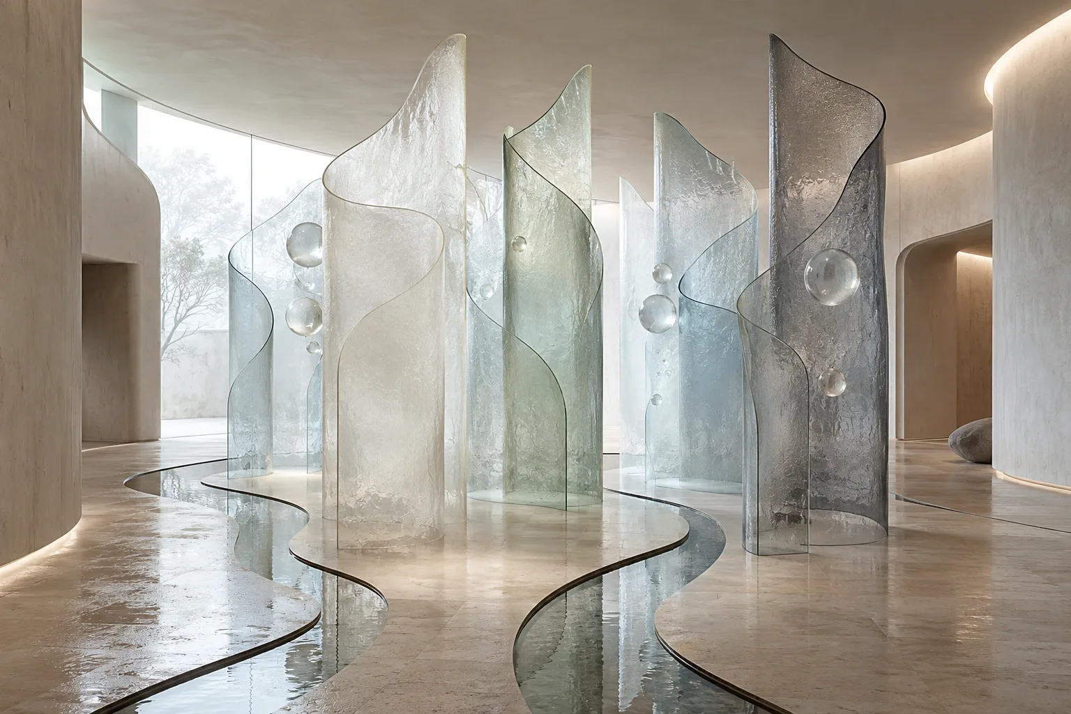 Serene abstract chamber with translucent tide-shaped mineral-glass membranes, suspended spheres, shallow reflective water channels, and soft overcast daylight.