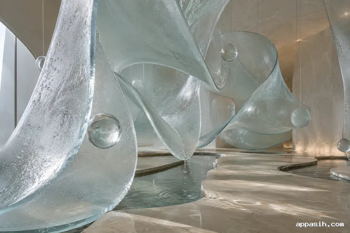 Detailed three-quarter view of translucent tide-shaped mineral-glass veils with suspended spheres, condensation droplets, a delicate water ripple, layered reflections, and cool architectural daylight.