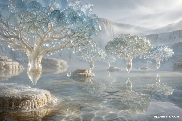 Closer three-quarter view of a surreal floating mineral-glass orchard above reflective water, featuring frosted translucent trees, suspended droplets, one delicate ripple, limestone forms, layered mist, and subtle cool morning light.