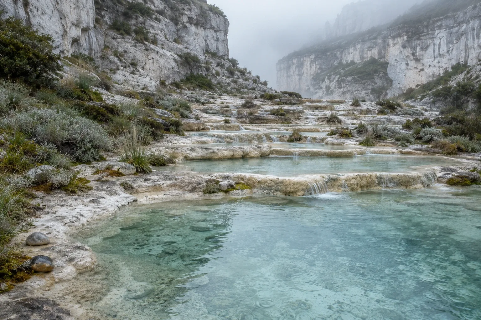 Rain-fresh pale limestone terraces descending into tranquil blue-green mineral lagoons beneath mist-softened cliffs and muted alpine vegetation.