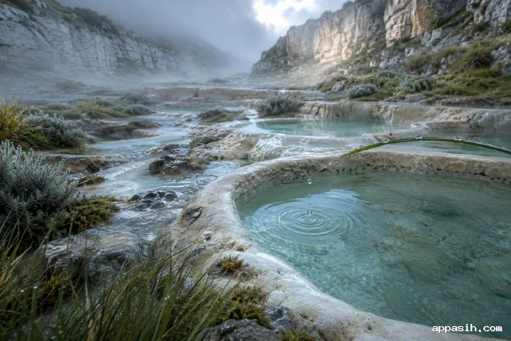 Closer elevated view across rain-wet chalk limestone terraces and clear turquoise mineral lagoons, with a fresh ripple in the foreground and mist drifting beneath layered cliffs.