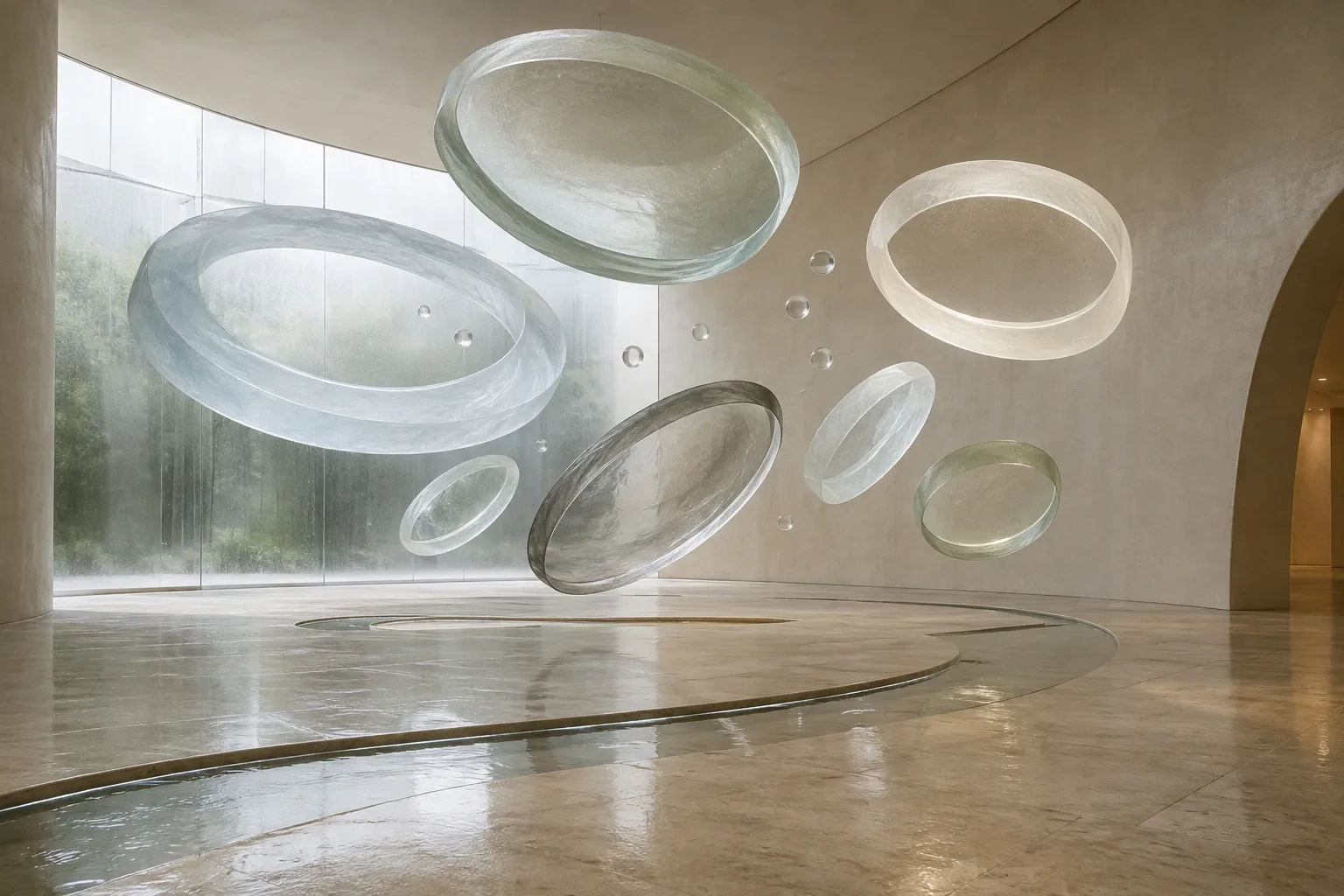 Abstract rain-cooled limestone chamber with suspended translucent mineral-glass halos, floating droplets, and shallow reflective water channels.